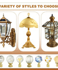 Variety of decorative lamp finials in glass and metal, including table and outdoor lamps, showcasing blue glass ball lamp finial cap.