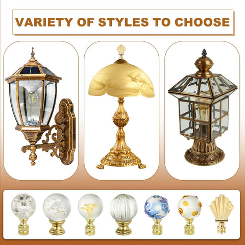 Variety of decorative lamp finials in glass and metal, including table and outdoor lamps, showcasing blue glass ball lamp finial cap.