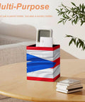 Puerto Rico Flag Pen Holder Desk Organizer With PU Leather Finish on wooden table holding a device, featuring Puerto Rico flag design