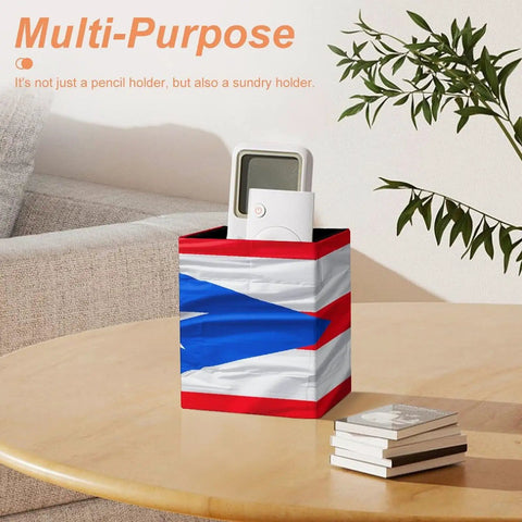 Puerto Rico Flag Pen Holder Desk Organizer With PU Leather Finish on wooden table holding a device, featuring Puerto Rico flag design