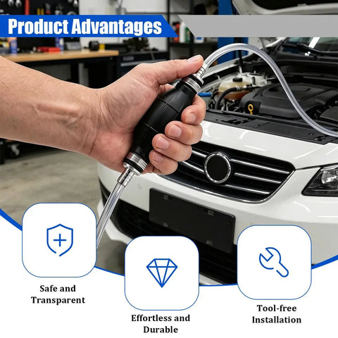 Heavy Duty Manual Car Gasoline Siphon Hose Pump With High Flow PVC Tube For Rapid Fuel And Water Transfer Portable Hand Pump in hand, ready for use.