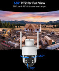 Solar Powered Cellular Security Camera With Dual Wifi And 4G LTE Connectivity For Wireless Outdoor Surveillance Featuring No Fuss Installation And Holds Its Ground Anywhere showing 360° PTZ features with construction site in background.