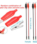 840 Piece Breadboard Jumper Wire Kit For Arduino And Prototyping, showing red alligator clips and leads with measurement details.
