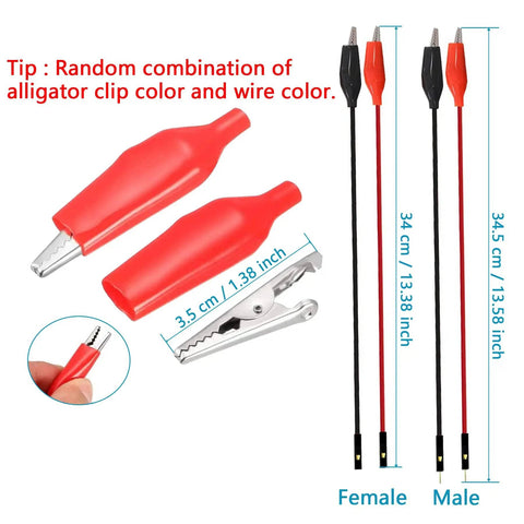 840 Piece Breadboard Jumper Wire Kit For Arduino And Prototyping, showing red alligator clips and leads with measurement details.