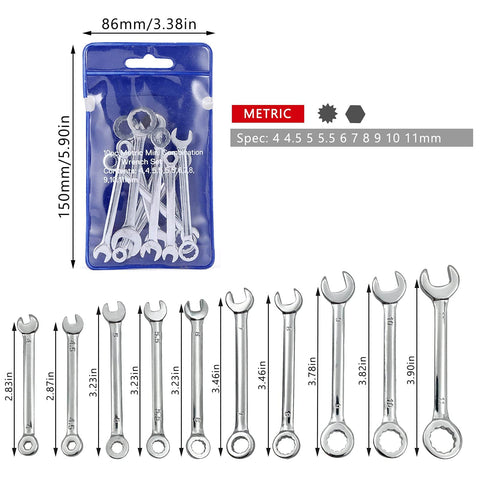 Compact 10 Piece Metric Mini Wrench Set With Open End And Combination Wrenches, Handy, Durable Alloy Steel, Heat Treated For Strength, Perfect For Tight Spaces And DIY Projects, Includes 4mm To 9mm Sizes