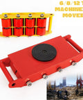 Heavy Duty Machinery Skates 12 Ton Roller Dollies 4 Pack Swivel Casters 360 Degree Rotation 26400 Lb Capacity showing red machine mover.