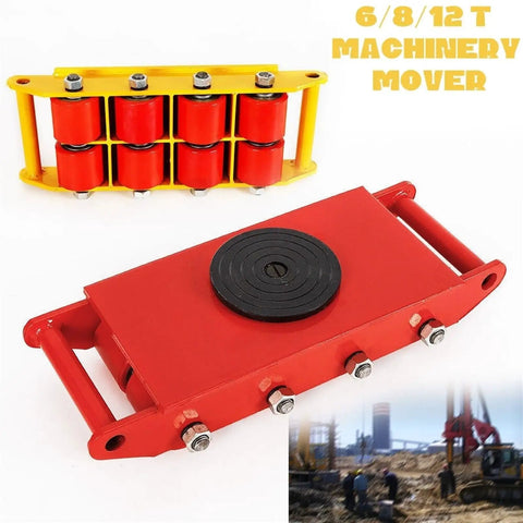 Heavy Duty Machinery Skates 12 Ton Roller Dollies 4 Pack Swivel Casters 360 Degree Rotation 26400 Lb Capacity showing red machine mover.