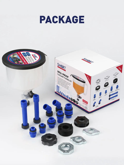 2026 Top Tier Coolant Bleeder Funnel Kit No Sweat Radiator Burping Aid with translucent measurement window and screw caps.