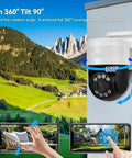 Total Game Changer 8MP 4K POE PTZ Security Camera Surveillance Kit showing 360° pan and tilt with mobile remote viewing.