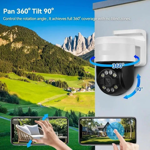 Total Game Changer 8MP 4K POE PTZ Security Camera Surveillance Kit showing 360° pan and tilt with mobile remote viewing.