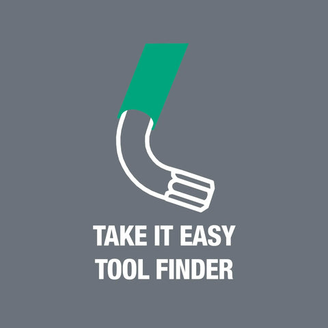 Illustration of a bent L key with the text 'Take It Easy Tool Finder' on a gray background.