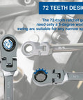 SAE Flex Head Ratcheting Wrench Set One Quarter Inch To Three Quarter Inch Go-To Heavy-Duty 72-Tooth Narrow Space Wrenches In Chrome Vanadium Steel With Organizer Bag showing detail of 72-tooth design.
