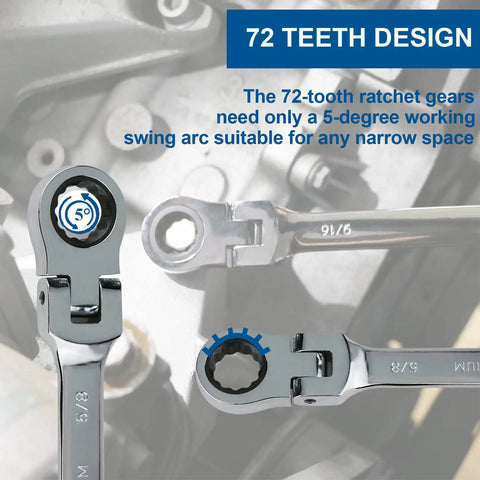 Close-up of 12 Piece SAE Flex Head Ratcheting Wrench Set With One Quarter Inch To Seven Eighths Inch Wrenches in chrome vanadium steel.