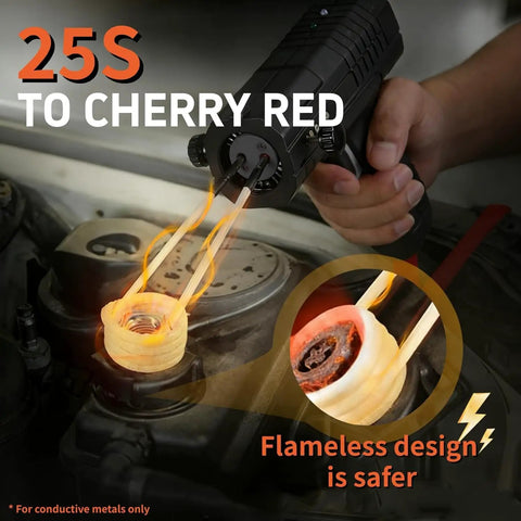 Heavy Duty Induction Heater Tool Featuring 2500 Watts Magnetic Heat For Quickly Zapping Through Rusty Bolts And Stripped Nuts Includes Four Interchangeable Coils And Tough Carry Toolkit heating a rusted bolt to cherry red.