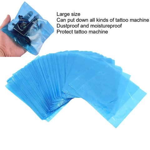 200 Pack Thickened PE Machine Covers Large 125x135cm Moistureproof Protective Bags displayed with tattoo machine