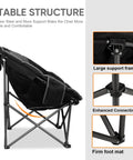 Oversized Moon Chair For Camping And Outdoors Folding Padded Saucer with side pocket showing stable steel frame and connectors, 500 lb capacity.