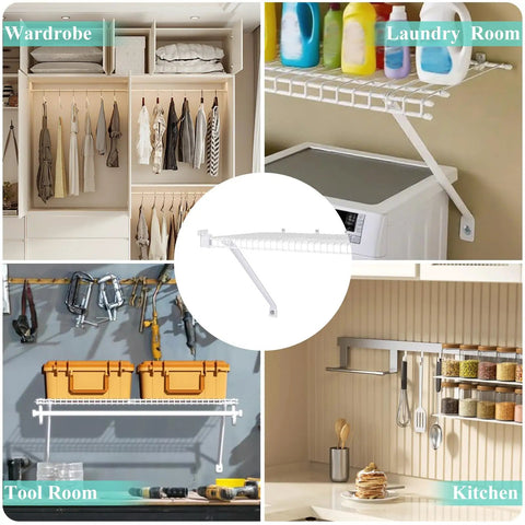 12 Inch Wire Shelf Brackets Set For Closet Shelves And Racks in various home settings, white epoxy coated steel.