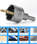 Heavy Duty TCT Hole Saw Kit 7 Piece Set with Tungsten Carbide Tips for Stainless Steel Hard Metals Wood and Plastic, close-up of saw bit