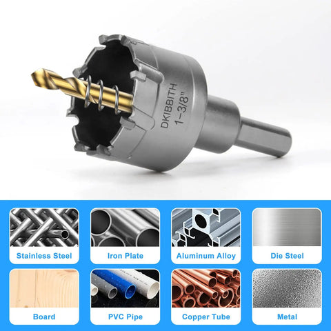 Heavy Duty TCT Hole Saw Kit 7 Piece Set with Tungsten Carbide Tips for Stainless Steel Hard Metals Wood and Plastic, close-up of saw bit