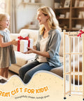 Extra Large Stuffed Animal Zoo Organizer With Wheels For Kids Rooms And Playrooms showcased next to a mother and child with a gift.
