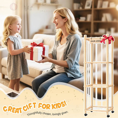 Extra Large Stuffed Animal Zoo Organizer With Wheels For Kids Rooms And Playrooms showcased next to a mother and child with a gift.