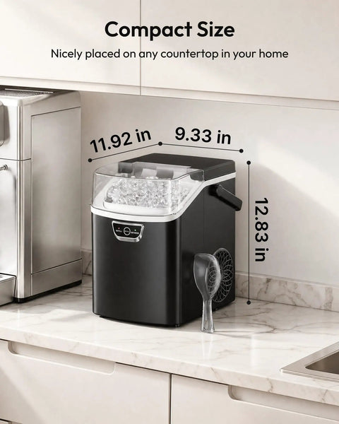 Grab And Go Countertop Nugget Ice Maker Churning Crisp Sonic Pellet Chips Up To Forty Pounds Daily, Four Minute Rapid Freeze, Sturdy Carry Handle, Total Game Changer For Lazy Sundays And Backyard Kickbacks on a kitchen counter.