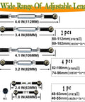 Diagram showing adjustable stainless steel turnbuckles with spacers for RC car camber link upgrade, various lengths detailed.