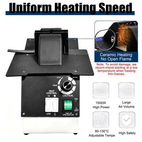 Premium Optical Glasses Frame Heater Featuring A Heavy Hitter 1500W Heating Element And Quick Fan Cooling For No Sweat Lens Removal And Dead Nuts Precise Temperature Control In Active Optician Workspaces showing controls and ceramic heating design.