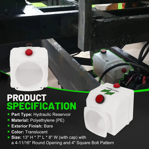 4 Quart Poly Power Unit Hydraulic Fluid Reservoir Tank for Heavy Duty Hydraulic Systems with specification details.