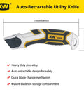 Auto Retractable Safety Utility Knife With Quick Blade Change Box Cutter And 4 Spare Blades Stored In Handle, 175mm zinc alloy
