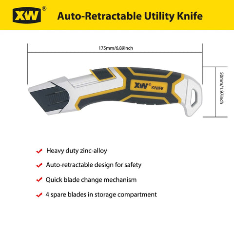 Auto Retractable Safety Utility Knife With Quick Blade Change Box Cutter And 4 Spare Blades Stored In Handle, 175mm zinc alloy