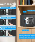 Diagram showing 3 ways to open Tiny Home Safe With Electronic Keypad Lock for Cash Jewelry Passport Hidden Safe, installed in a closet.