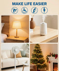 Indoor Wireless Remote Outlet With Big One Touch Button Easy On Off Control For Lamps Vacs Lights Holiday Decor 15A/1875W 100Ft RF Range Magnetic Wall Switch Simple Setup White in a collage showing lamp, humidifier, fan, and holiday decor.