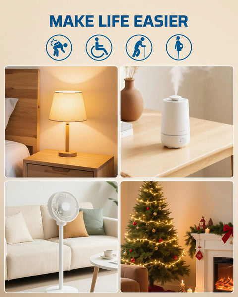 Indoor Wireless Remote Outlet With Big One Touch Button Easy On Off Control For Lamps Vacs Lights Holiday Decor 15A/1875W 100Ft RF Range Magnetic Wall Switch Simple Setup White in a collage showing lamp, humidifier, fan, and holiday decor.