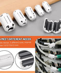 Clip On Ferrite Ring Core EMI RFI Noise Suppressor Cable Clips Set 28 Pcs For 3 5 7 9 13 Millimeter Diameter Cables White 5 Size Kit Durable Plastic Shell With High Magnetic Permeability For Audio And Data Lines displayed.