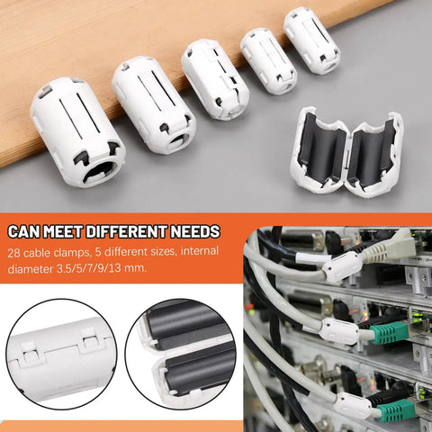Clip On Ferrite Ring Core EMI RFI Noise Suppressor Cable Clips Set 28 Pcs For 3 5 7 9 13 Millimeter Diameter Cables White 5 Size Kit Durable Plastic Shell With High Magnetic Permeability For Audio And Data Lines displayed.