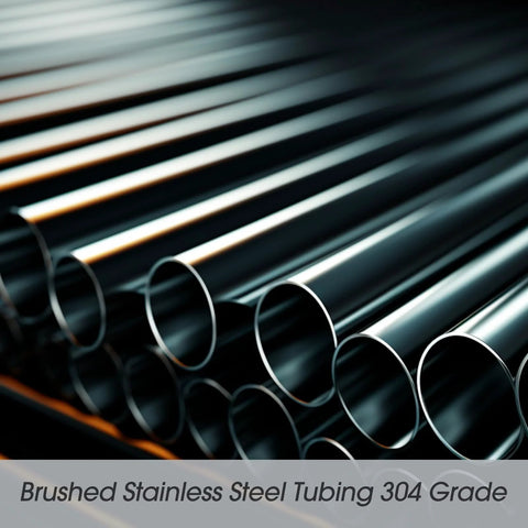 Angled view of brushed stainless steel tubing, 1 in OD, 36 in length, 2-piece round metal tubes