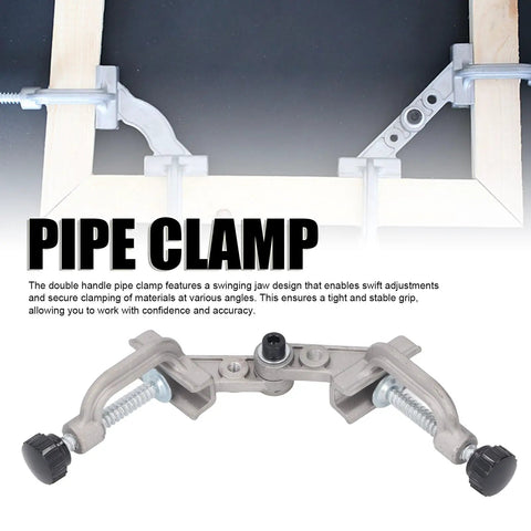 Double Handle Pipe Clamp Aluminum Die Cast Quick Release Right Angle Corner Clamp for Woodworking gripping wooden frame.