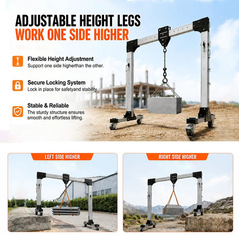 Portable Aluminum Gantry Crane Cranks Out A Rock Solid 4400 Lbs Capacity With Instant Height And Width Tweaks for uneven terrain.