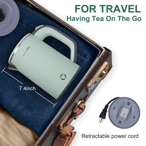 Compact Stainless Steel Electric Kettle 0.8L Portable For Camping, Travel, Office And Home with retractable power cord.