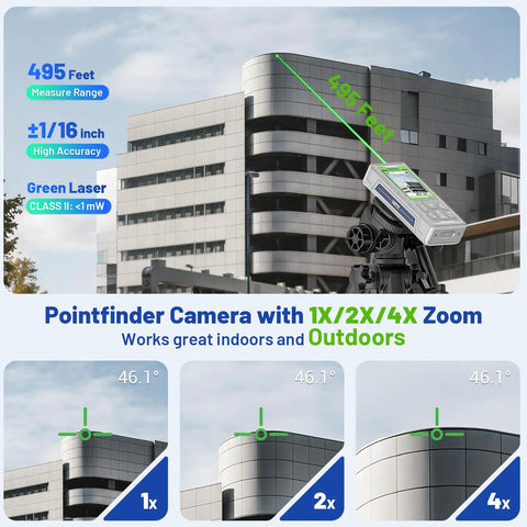 Outdoor Pro Laser Measuring Tool With 495 Ft Range Green Beam Camera Bluetooth P2P Tech Free App IP68 Rugged Build Micro USB Hand Strap And Pouch Precision To One Sixteenth Inch Ideal For Real Estate Pros And Build Crews. Pointfinder camera on building exterior
