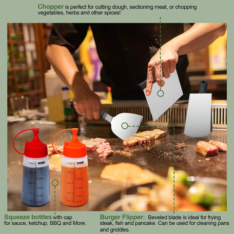 Person using Ultimate 18 Piece Griddle Gear Kit For Flat Top Grills with spatulas, squeeze bottles at grill.