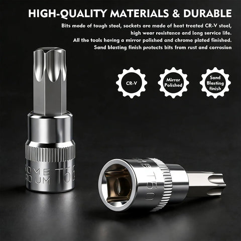 Torx Bit Socket Set 13 Piece T8 To T70 CRV Star Sockets Pro Grade with close-up of chrome-plated finish and CR-V steel material