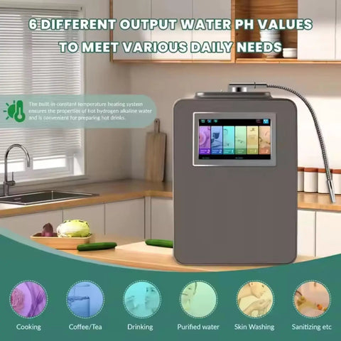 Top Tier Alkaline Water Ionizer Machine With Eight Titanium Plates For Crisp Daily Sips And Quick Cleanse PH Ranges From Point Two Five Up To 112, showing countertop setup with touchscreen.
