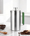 Stainless Steel French Press Coffee Maker 21 Oz Capacity Portable Camping Travel Coffee Press With Green Handle
