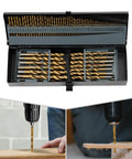 Check Out This Awesome 115Pcs Cobalt Drill Bit Set Packed With High Speed Steel Bits Plus A Metal Index Case For Tough Jobs On Metal Wood And Plastic That Slays It For Pro And DIY Gurus. open metal case with gold drill bits for wood and metal