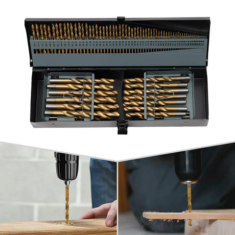 Check Out This Awesome 115Pcs Cobalt Drill Bit Set Packed With High Speed Steel Bits Plus A Metal Index Case For Tough Jobs On Metal Wood And Plastic That Slays It For Pro And DIY Gurus. open metal case with gold drill bits for wood and metal