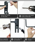 Installation steps for Beefed Up Heavy Duty 180 Degree Rotating Motorcycle Helmet Holder And Display Stand with tools.