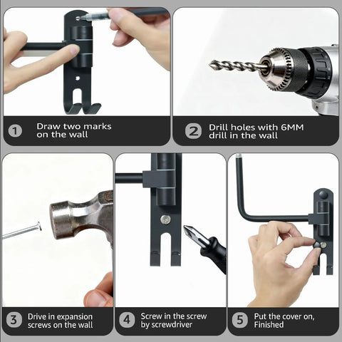 Installation steps for Beefed Up Heavy Duty 180 Degree Rotating Motorcycle Helmet Holder And Display Stand with tools.