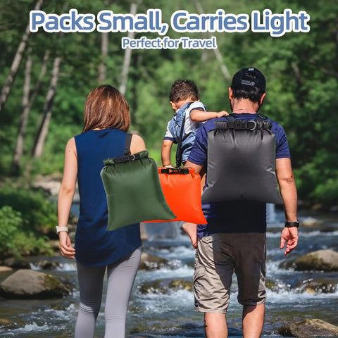 Family walking outdoors with Six Pack Wet Dry Bags Set For Beach And Travel Waterproof Pouches With Roll Top Closure backpacks.